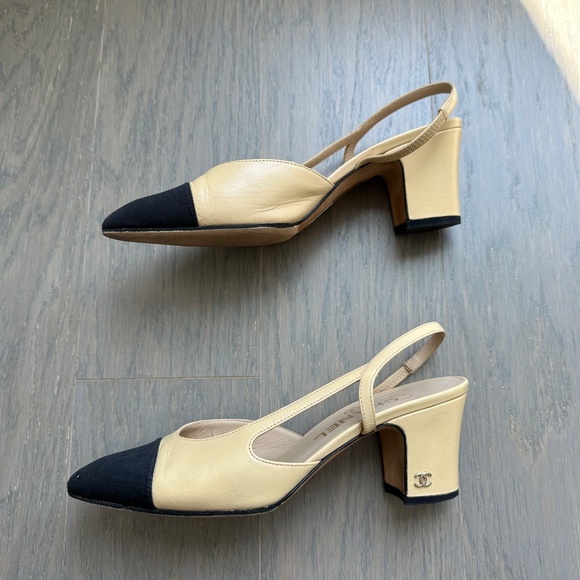 Chanel Slingbacks Beige Black Goatskin & Grosgrain Leather Heel Color Block - 36 - Picture 3 of 16